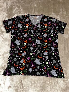 Scrubaid Halloween Ghosts & Spooky Icons Black Scrub Top Womens L 14-16